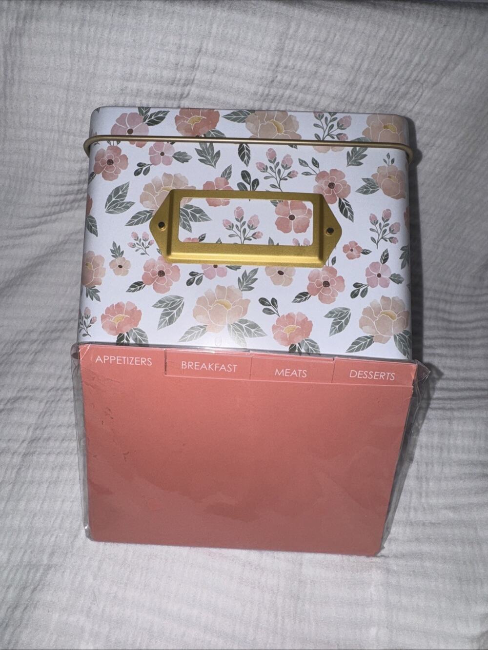 New Flower Floral Kirklands Tin Recipe Box W/Kitchen Food Cooking Category Cards